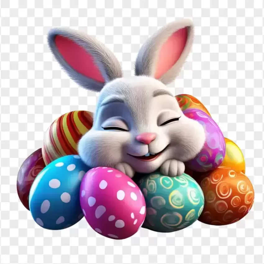Bunny Sleeping on a Pile of Easter Eggs