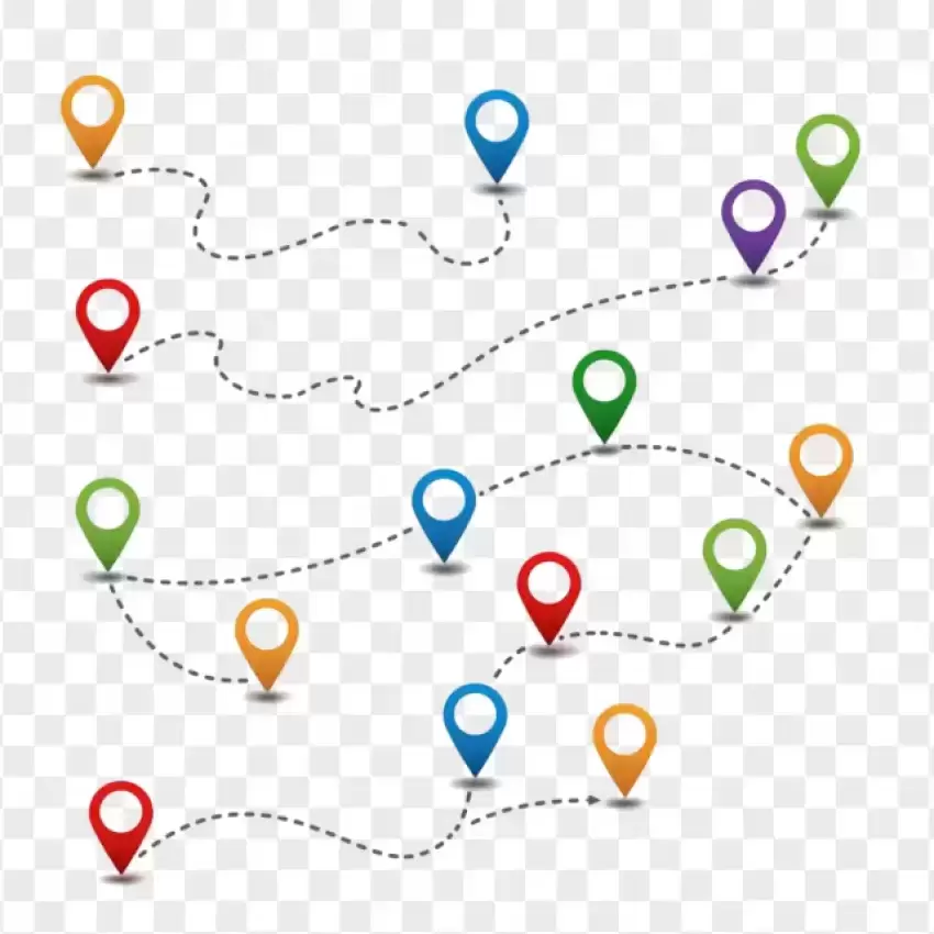 Colorful Location Pins with Wavy Route HD PNG