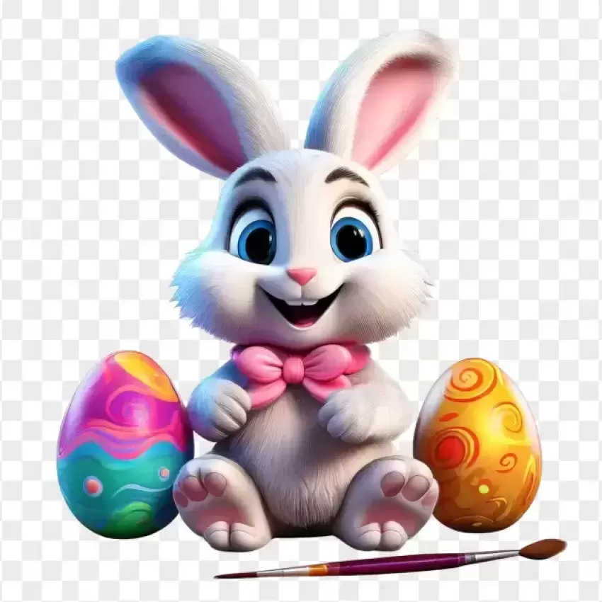 HD Cartoon Bunny with Decorated Easter Eggs and Brush PNG