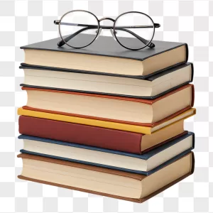 Round Eyeglasses on Multicolored Hardcover Stack