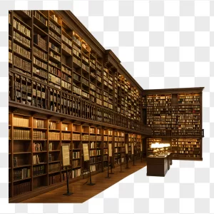 Illuminated Antique Library Interior Wood Bookshelves