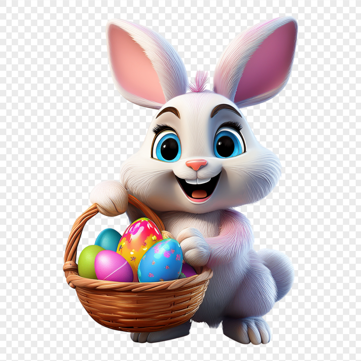 3D Fluffy White Bunny Egg Basket - Religious Holidays PNG, transparent background, high resolution