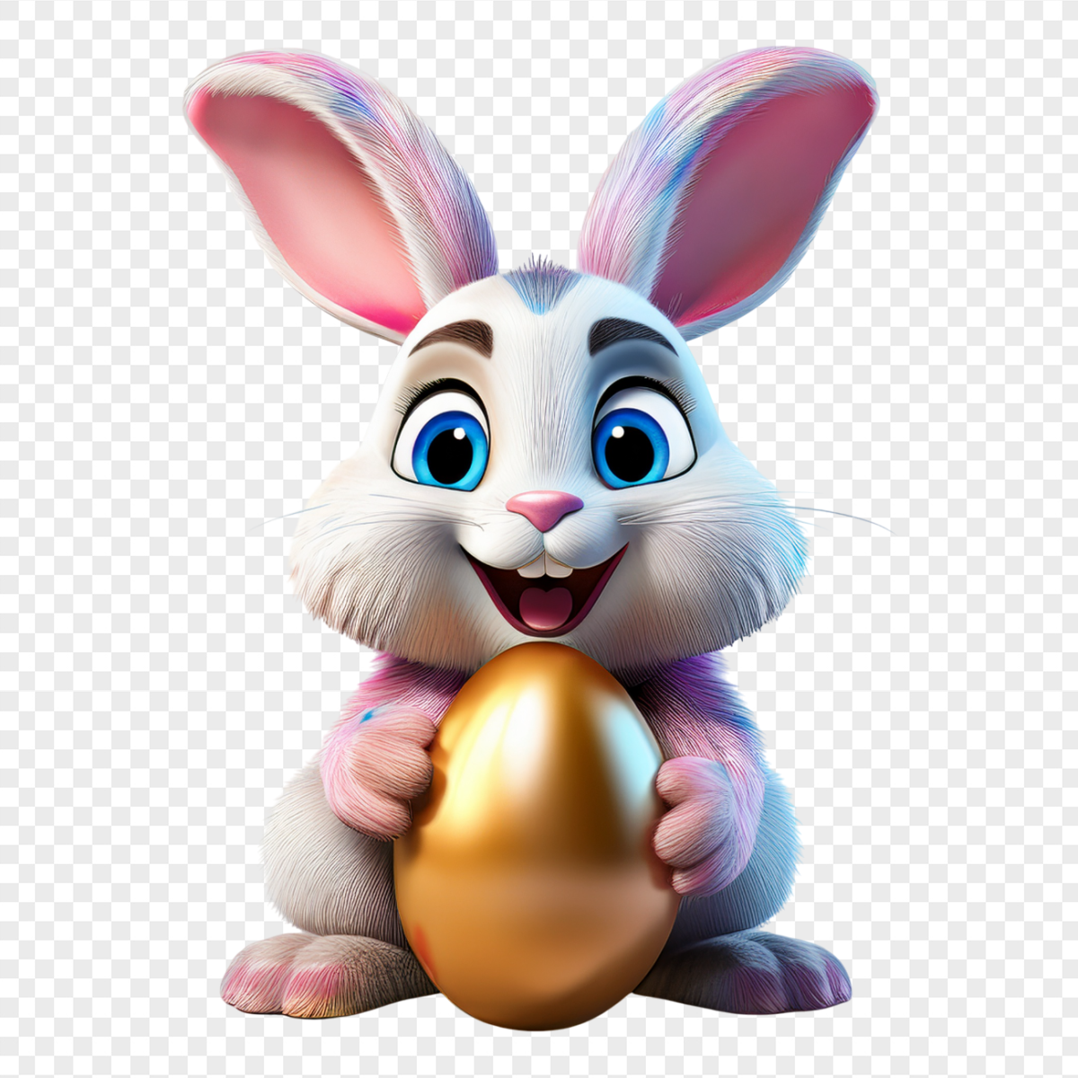 3D Easter Bunny Holding Golden Egg - Religious Holidays PNG, transparent background, high resolution