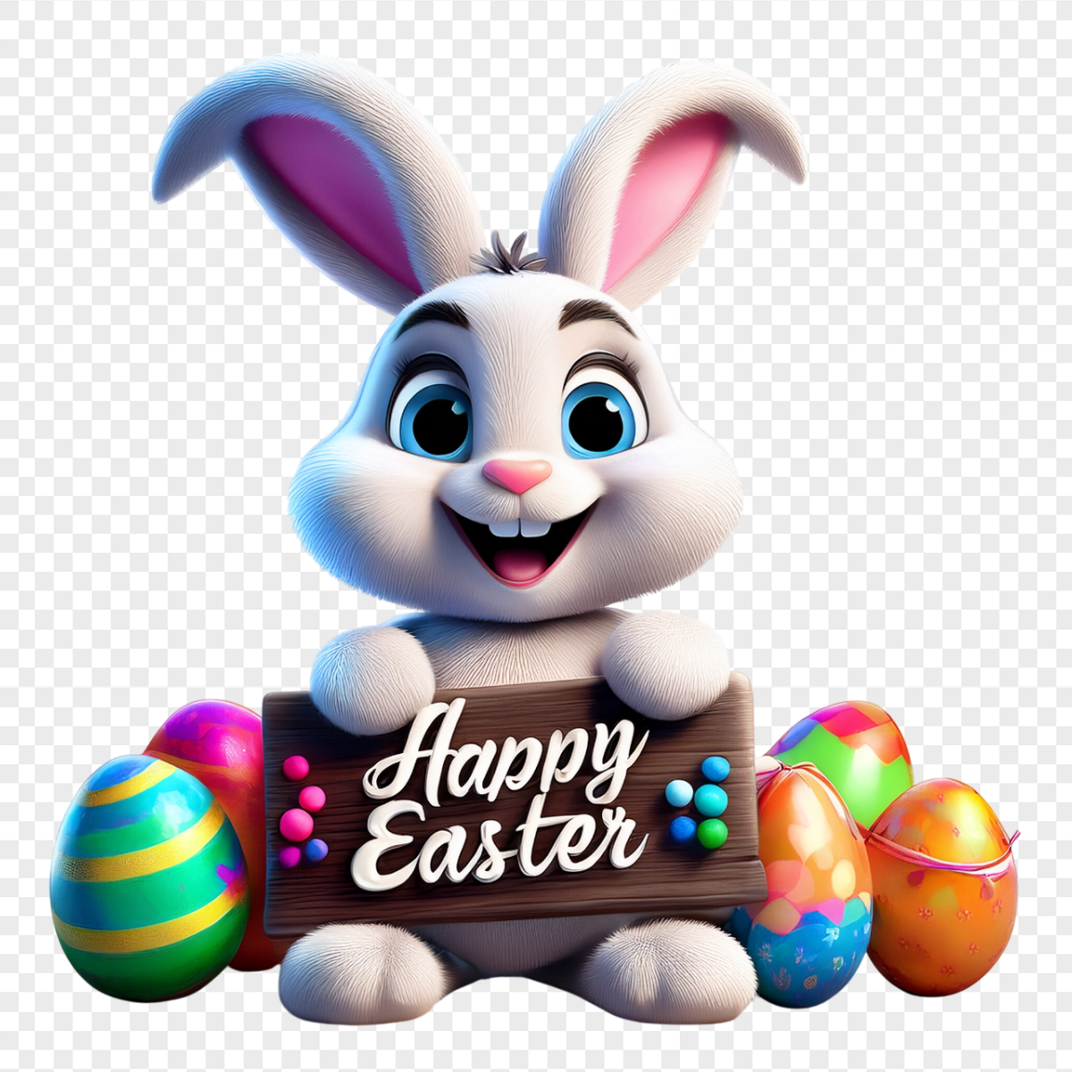 3D White Easter Bunny Wooden Sign - Religious Holidays PNG, transparent background, high resolution