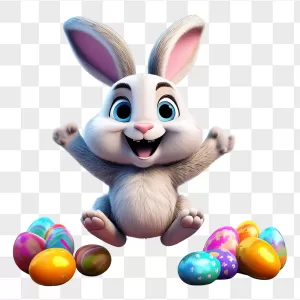 Fluffy Bunny Cheering With Easter Eggs