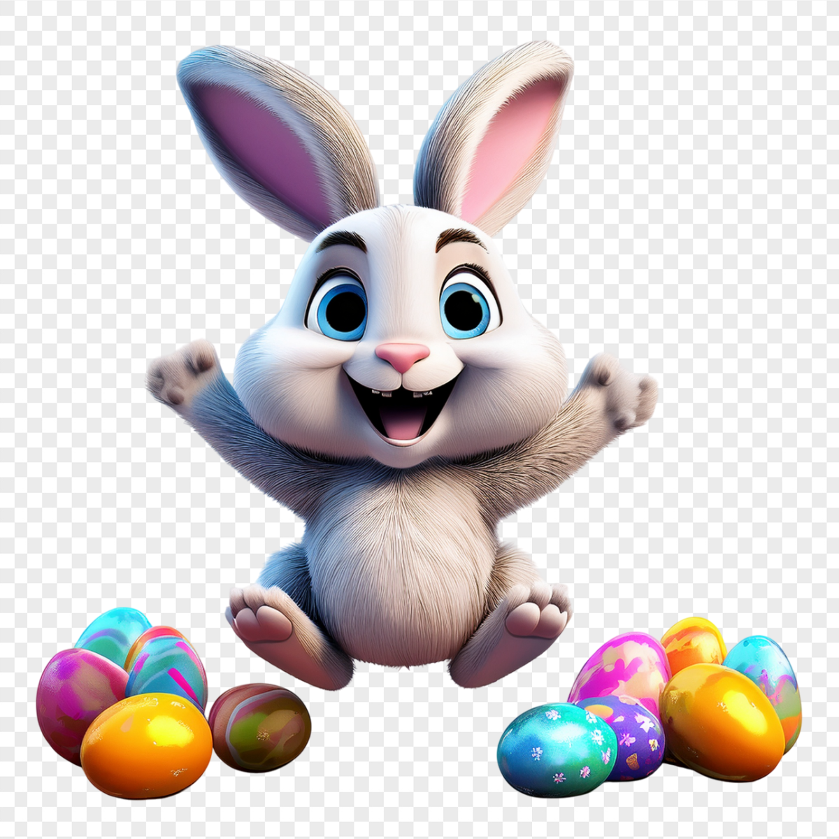 Fluffy Bunny Cheering With Easter Eggs - Religious Holidays PNG, transparent background, high resolution