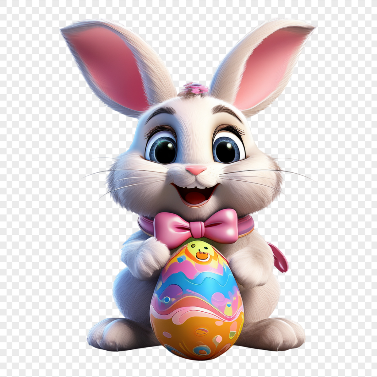 3D White Bunny Pink Bow Decorated Egg - Religious Holidays PNG, transparent background, high resolution