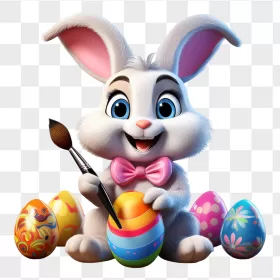 Fluffy White Easter Bunny Painting Eggs