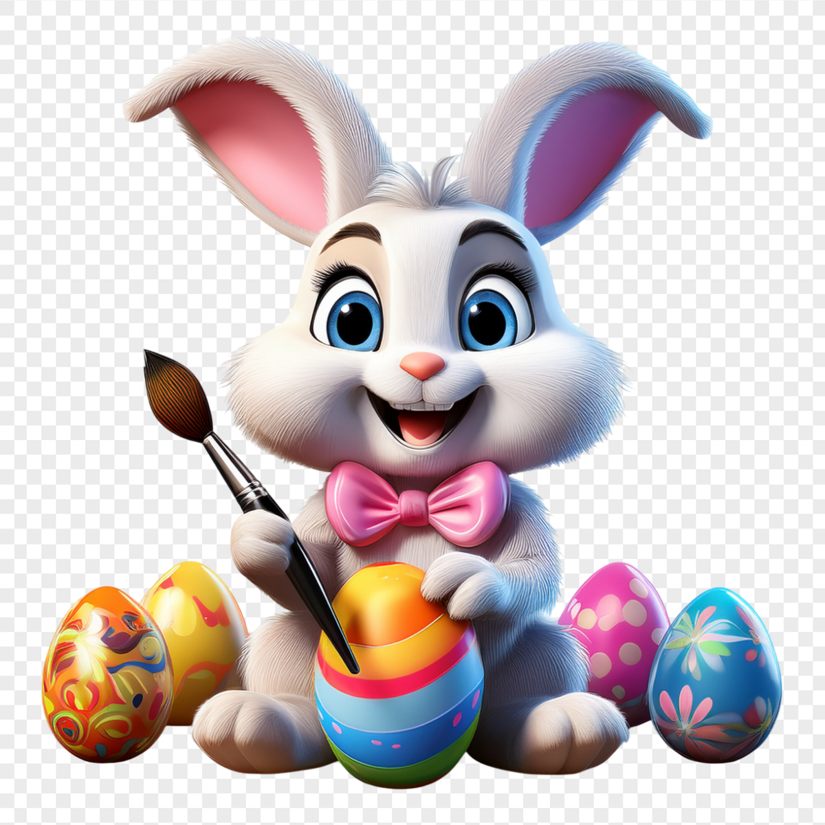 Fluffy White Easter Bunny Painting Eggs - Religious Holidays PNG, transparent background, high resolution