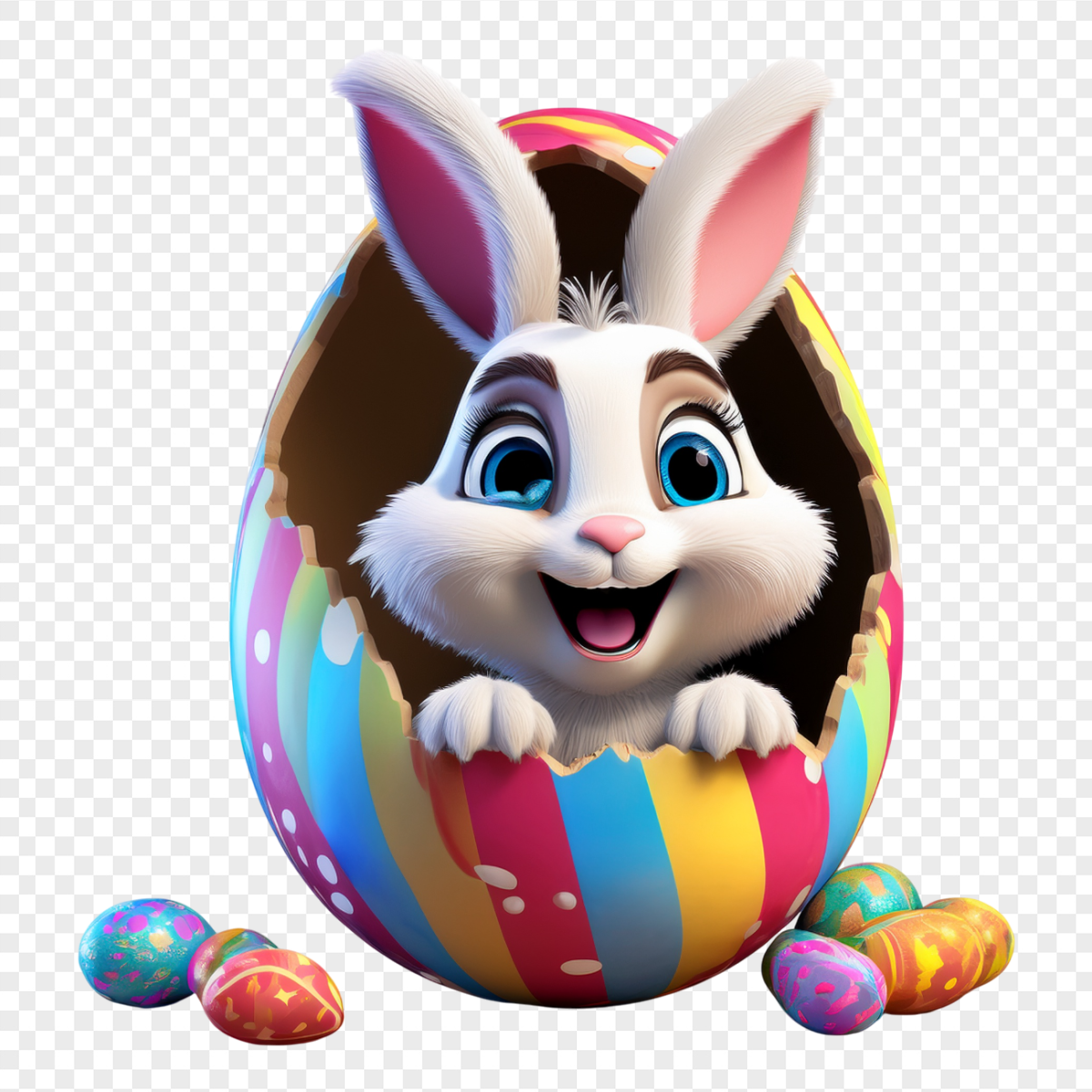 3D White Bunny Peeking Striped Egg - Religious Holidays PNG, transparent background, high resolution