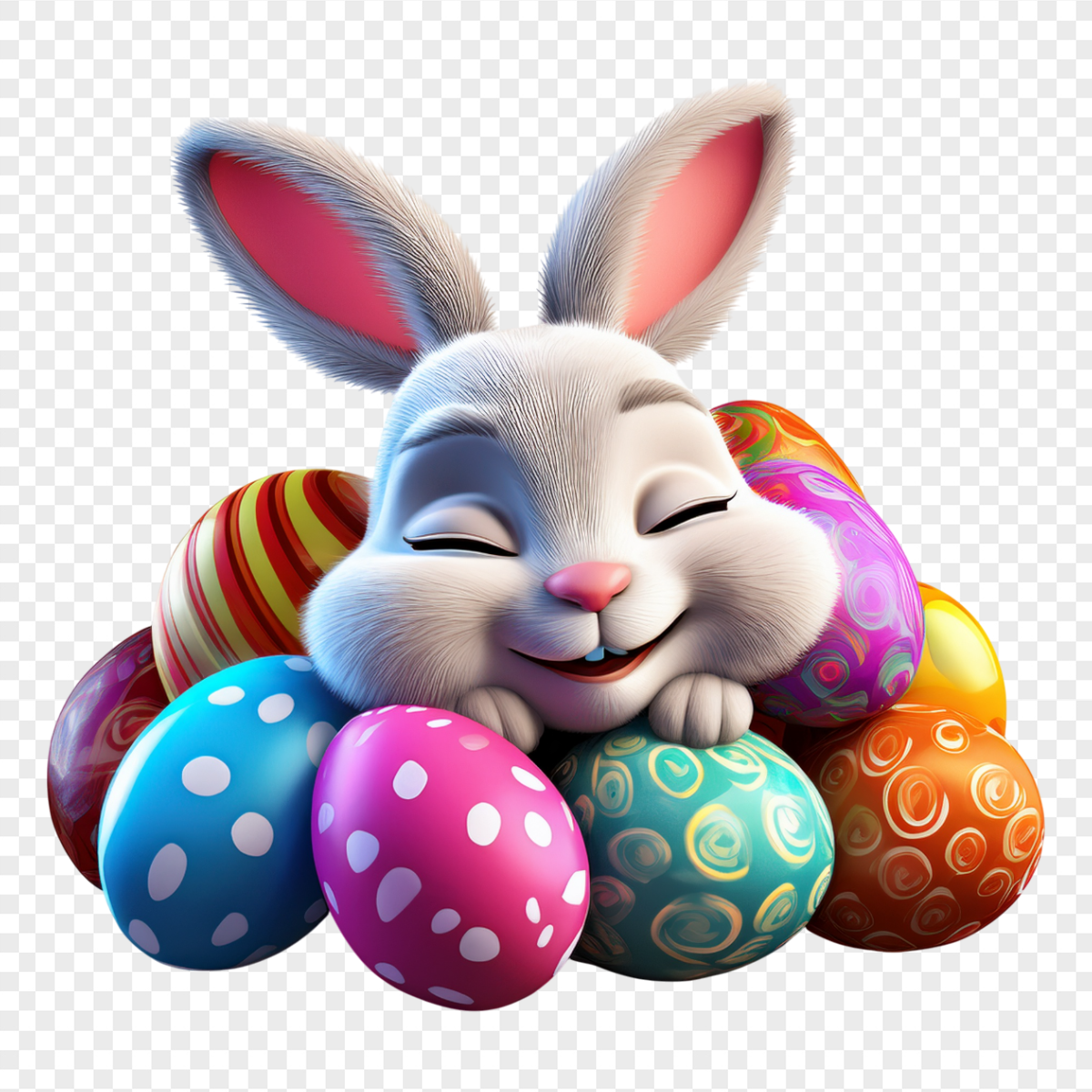 White 3D Bunny Hugging Patterned Eggs - Religious Holidays PNG, transparent background, high resolution