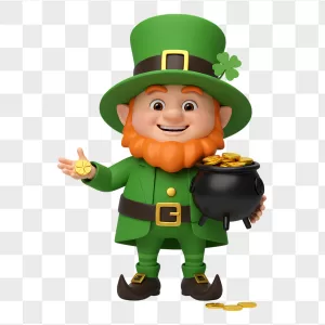 Smiling 3D Leprechaun Holding Gold Coins