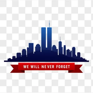 Blue Twin Towers Skyline Red Ribbon