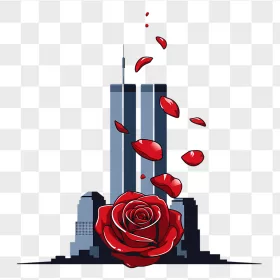 Twin Towers Red Rose Falling Petals Skyline