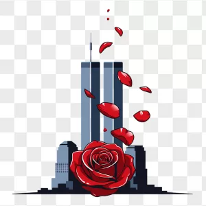Twin Towers Red Rose Falling Petals Skyline