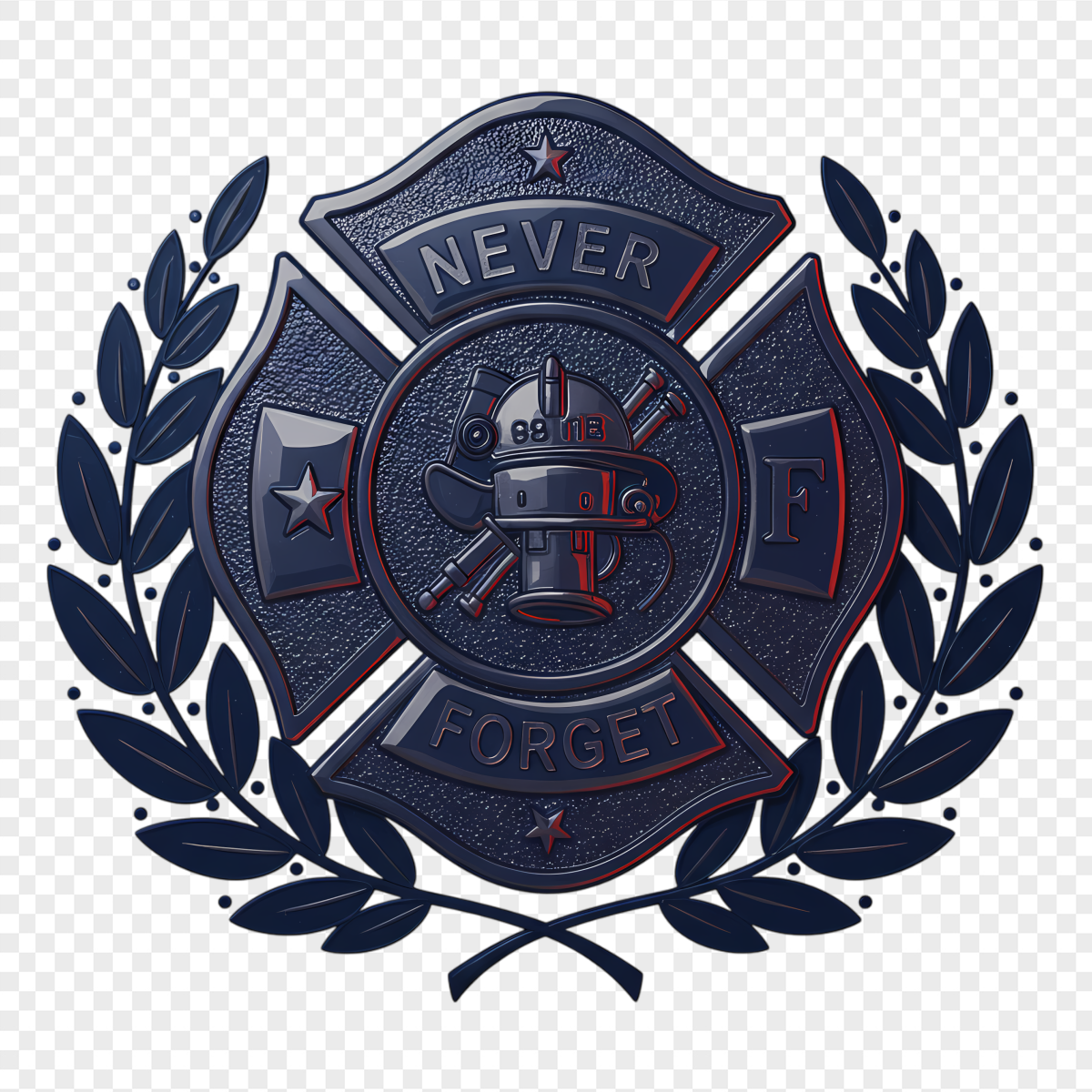 Dark Metallic Never Forget Firefighter Badge - International Holidays & Celebrations PNG, transparent background, high resolution