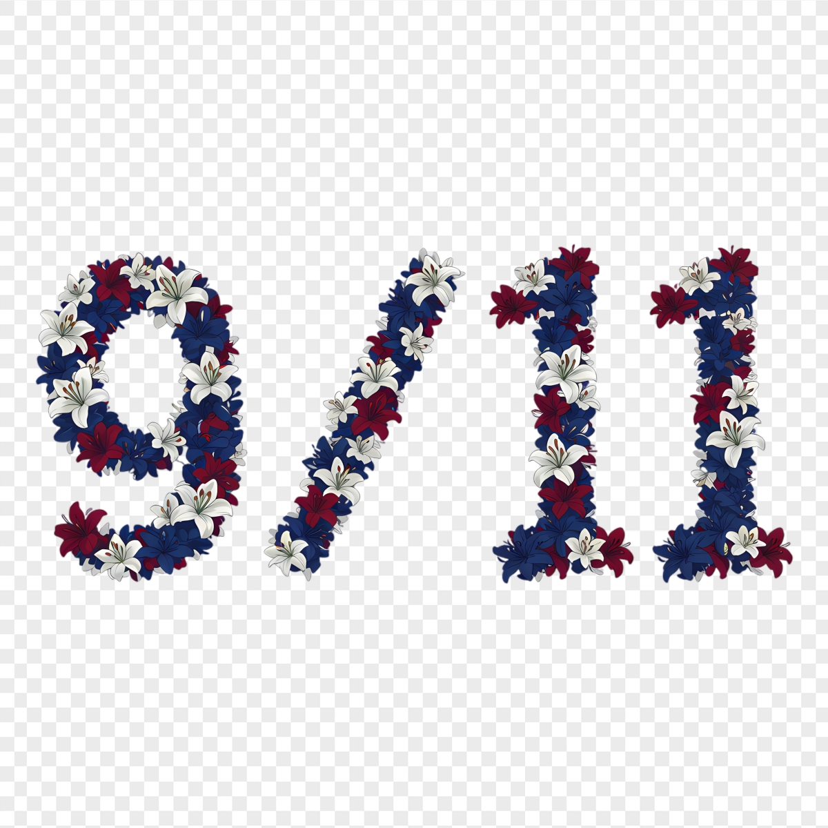 Red White Blue Floral 9/11 Typography - International Holidays & Celebrations PNG, transparent background, high resolution