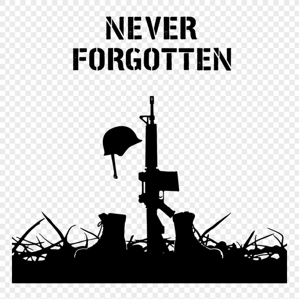 Distressed Never Forgotten Battlefield Cross Silhouette - International Holidays & Celebrations PNG, transparent background, high resolution