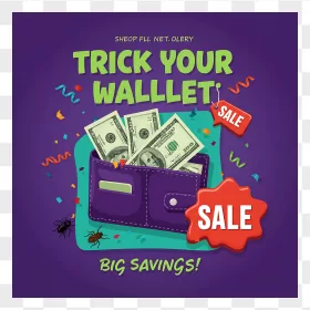 Cartoon Purple Wallet Dollar Bills Sale