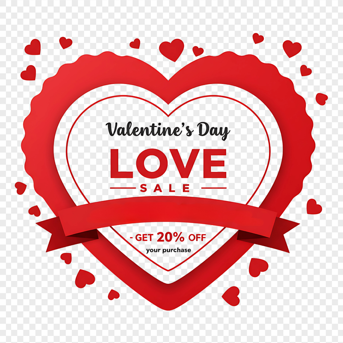 Red Scalloped Heart Frame Ribbon Banner - Cultural and Social Holidays PNG, transparent background, high resolution