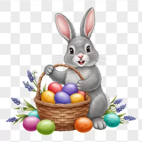Gray Bunny Holding Easter Egg Basket