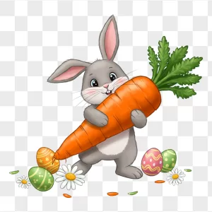 Gray Easter Bunny Hugging Giant Carrot