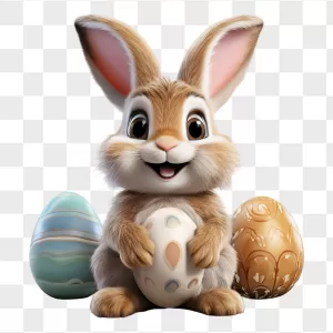Fluffy Bunny With Decorated Easter Eggs