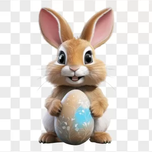 Fluffy Brown Bunny Holding Decorated Easter Egg