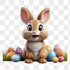 Fluffy Bunny With Colorful Easter Eggs