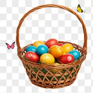 Brown Wicker Basket Painted Eggs Butterflies