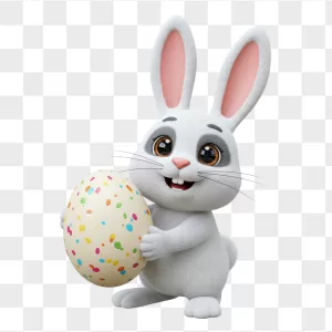 White Bunny Holding Confetti Easter Egg
