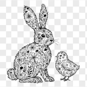 Floral Sketch Easter Bunny and Chick