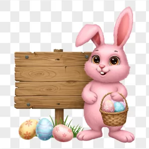 Pink Bunny Easter Basket Wooden Sign