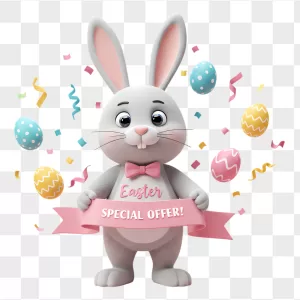 3D Gray Easter Bunny Pink Ribbon