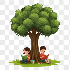 Cartoon Kids Reading Books Under Green Tree