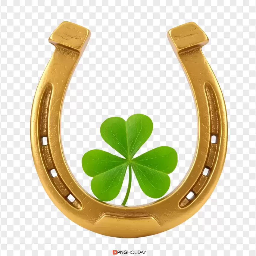 Golden Horseshoe with a Four-Leaf Clover PNG