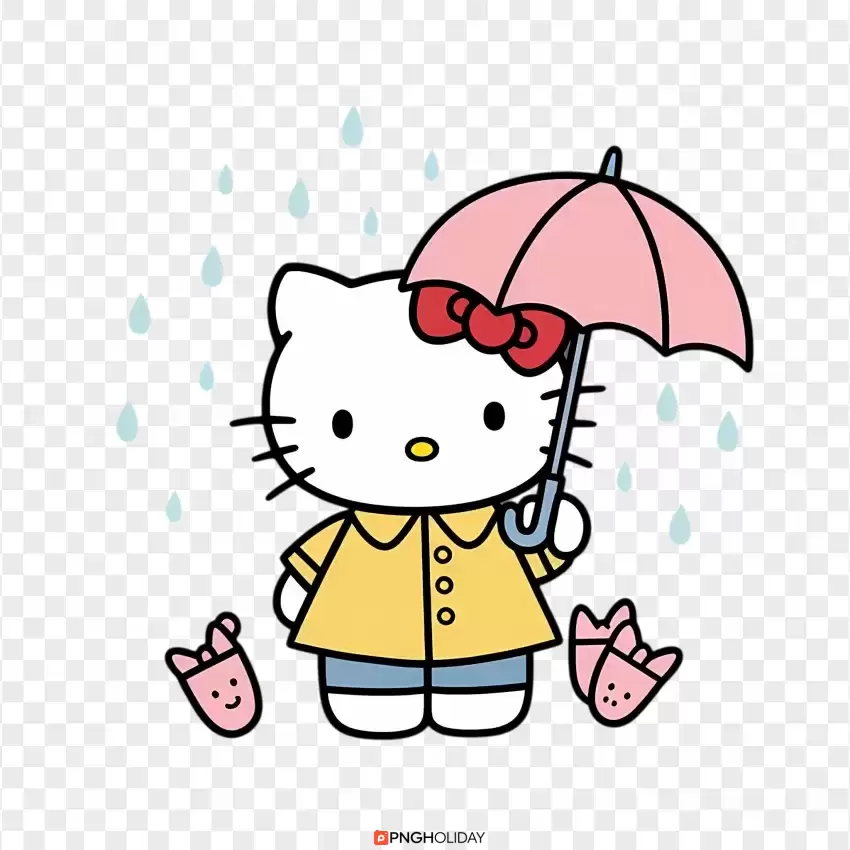 Hello Kitty in Raincoat with Umbrella PNG